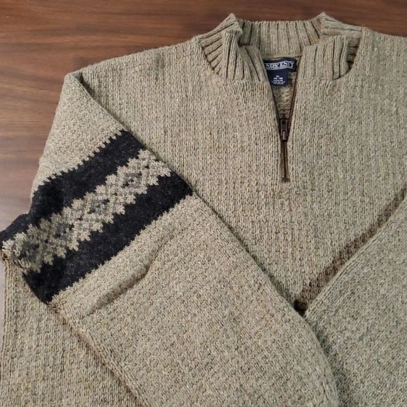 Vtg Lands End Mens XL Army Olive Green Nordic Ski Sweater Wool Faire Isle ¼ Zip - Picture 2 of 8